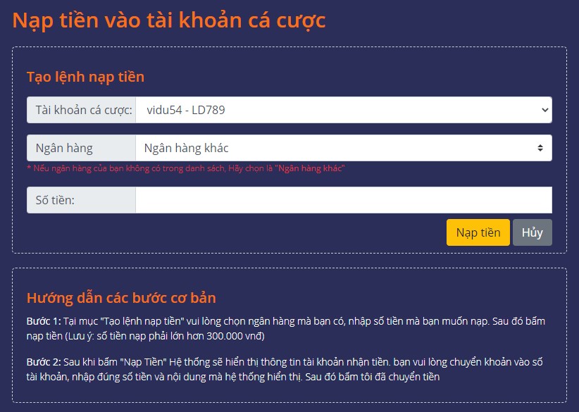 Điền thông tin tạo lệnh nạp tiền
