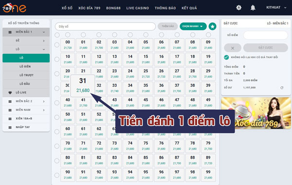 Tiền đánh 1 điểm lô tại One789